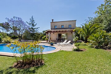 A beautiful Mediterranean villa with a sparkling pool, sun loungers, and a lush garden under a bright blue sky, featuring palms and a jacaranda tree.