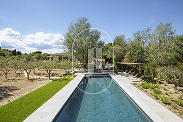 A large swimming pool is surrounded by chairs and trees