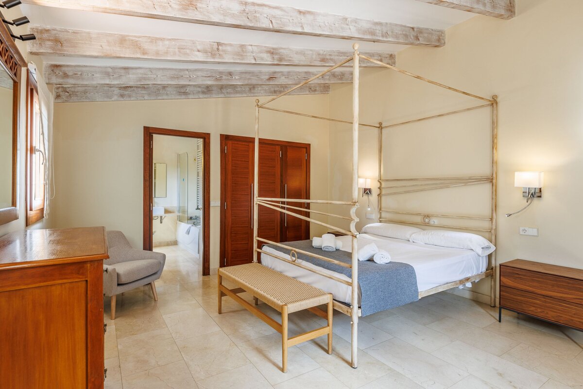 A bedroom with a canopy bed and a dresser