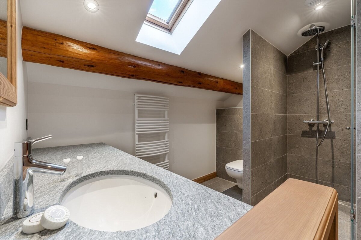 A bathroom with a sink a toilet and a skylight