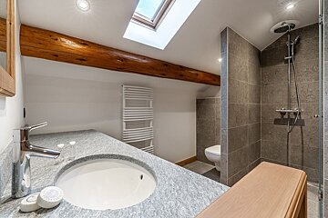 A bathroom with a sink a toilet and a skylight
