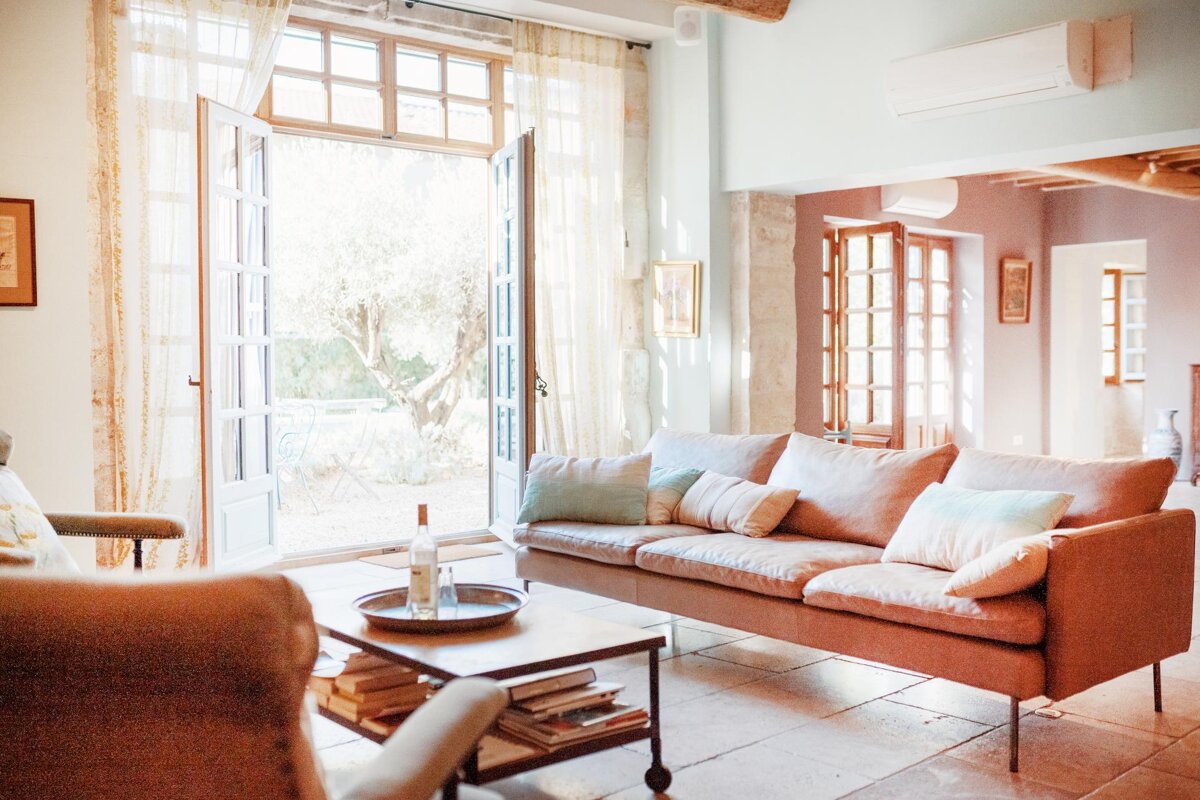 A living room with a couch and a coffee table