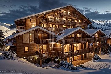 A large, lit-up wooden chalet nestled in a snowy mountain landscape at dusk.