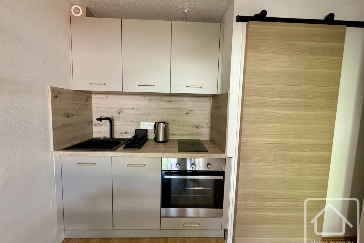 A modern kitchenette with light grey cabinets, wood-look backsplash, black sink, oven, and a wooden sliding barn door.