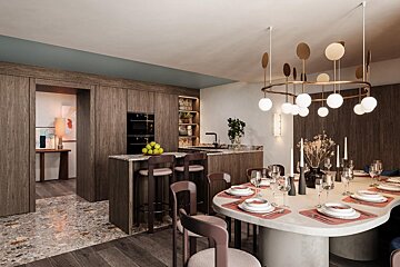 An artist 's impression of a kitchen and dining room
