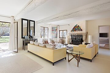 A living room with yellow furniture and a fireplace with the words made in provence immobilier on the wall