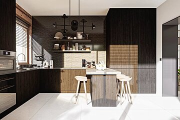 A sleek, modern kitchen showcases dark cabinetry, a stone wall, white floor, and an island with stools. Sunlight forms striking striped shadows, highlighting the minimalist aesthetic.