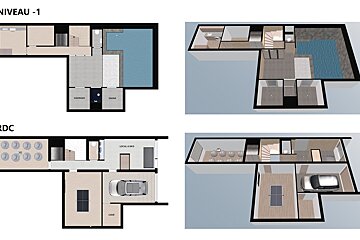 Architectural floor plans and 3D views of two levels: a basement with pool/spa and a ground floor with garage, ski room, and recreation.
