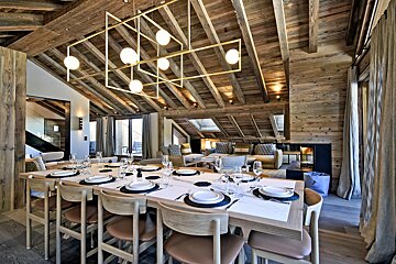 A dining room table with plates and glasses on it