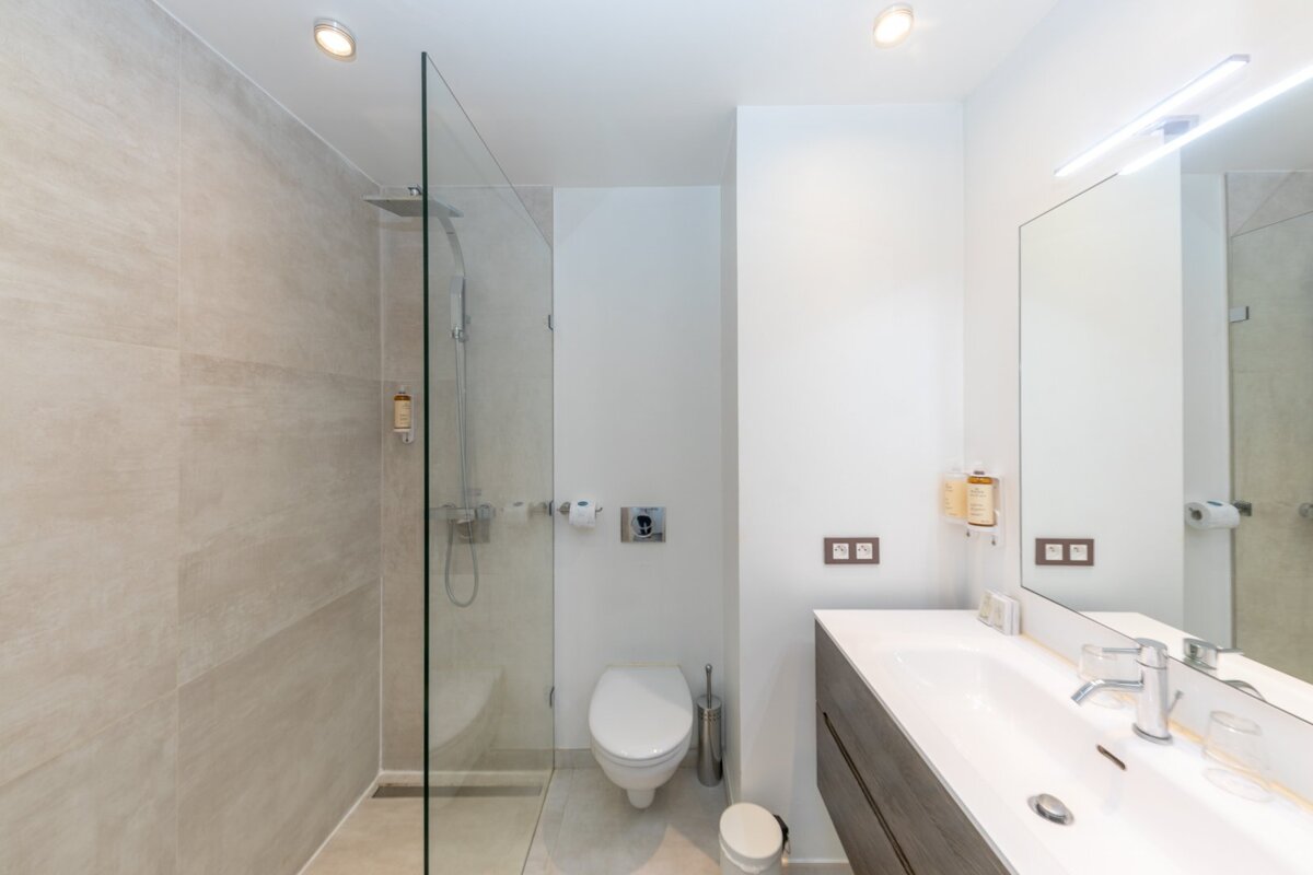 A bathroom with a toilet a sink and a mirror