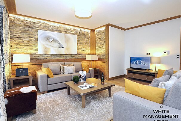 A modern, cozy living room with a stone accent wall featuring polar bear art, two gray sofas with yellow cushions, a coffee table, and a TV.