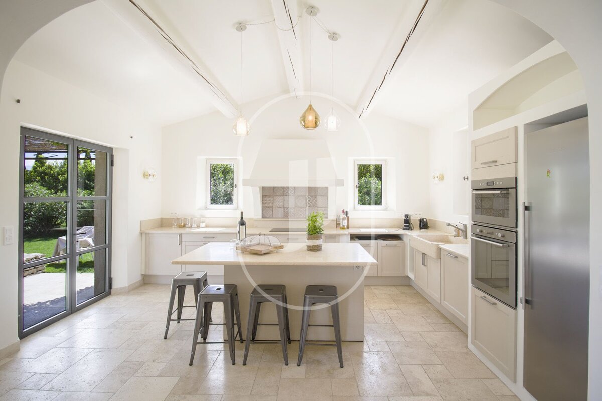 A kitchen with a large island and stools