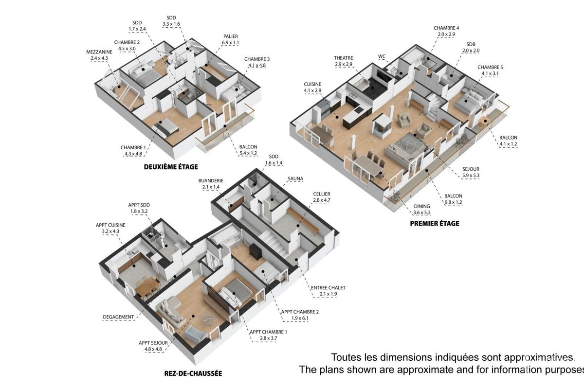 Three detailed architectural floor plans (ground, first, second levels) of a building, showing rooms, furniture, and dimensions in French/English.