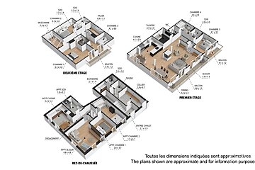 Three detailed architectural floor plans (ground, first, second levels) of a building, showing rooms, furniture, and dimensions in French/English.