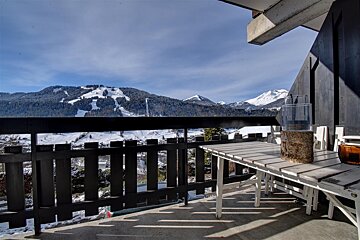 A balcony with a view of a snowy mountain range
