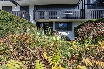 A house with a balcony is surrounded by plants and bushes