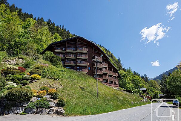 A large wooden chalet-style building with balconies is nestled into a steep, lush green hillside, with a paved road in the foreground under a clear blue sky.