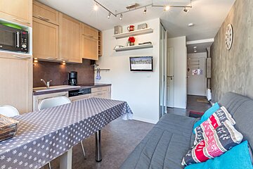 A cozy, modern studio apartment features a light wood kitchenette, dining table with a snowflake cloth, a gray sofa, and a wall-mounted TV.