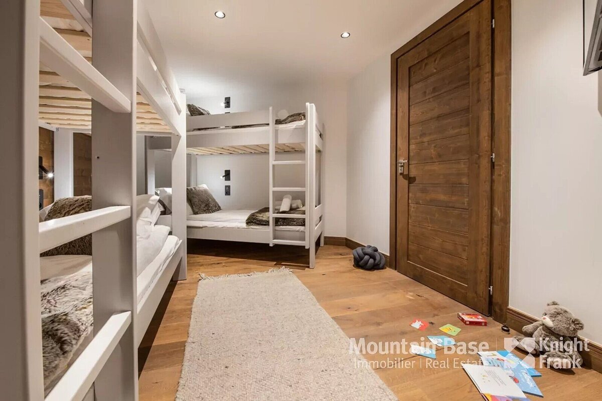 A bedroom with bunk beds and a sign that says mountain base