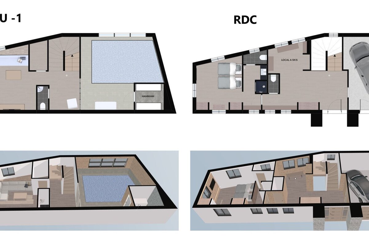 Four floor plans of a house with the letters rdc on the bottom