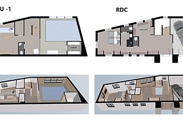 Architectural floor plans (U-1, RDC) and 3D renderings of a multi-level house featuring a pool, hammam, bedroom, and garage.