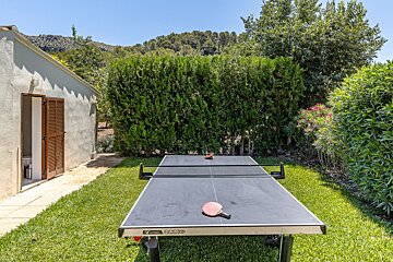 A ping pong table in a lush green yard