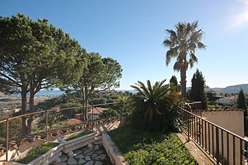 A view of the ocean from a balcony with palm trees