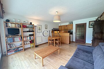 Cozy apartment living room featuring a blue sofa, wooden coffee table, bookshelves with a TV, and a dining area in the background.