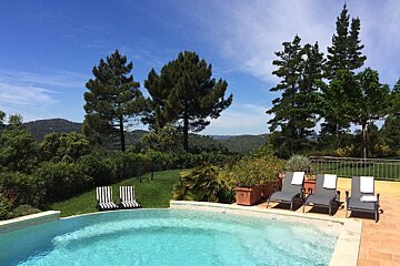A swimming pool with chairs and trees in the background