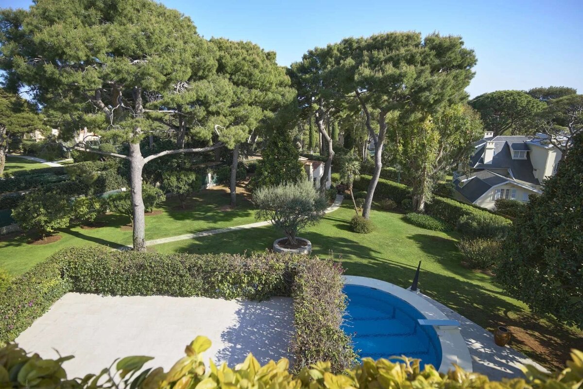 An aerial view of a vibrant green garden with tall trees, a curved blue swimming pool, neat hedges, and a distant house under a clear sky.