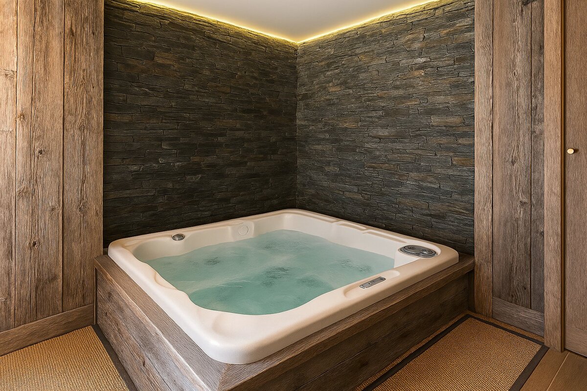 An indoor hot tub with bubbling water, set against dark stone walls and rustic wooden paneling, illuminated by warm indirect lighting.