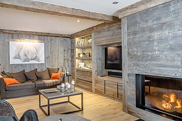 A cozy chalet living room with grey wood paneling, a fireplace, comfy sofa, TV, and a modern coffee table.