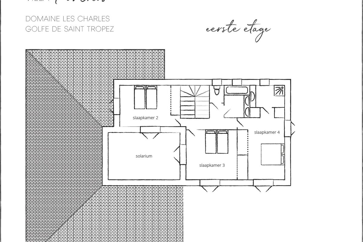 A black and white drawing of the first floor of a house