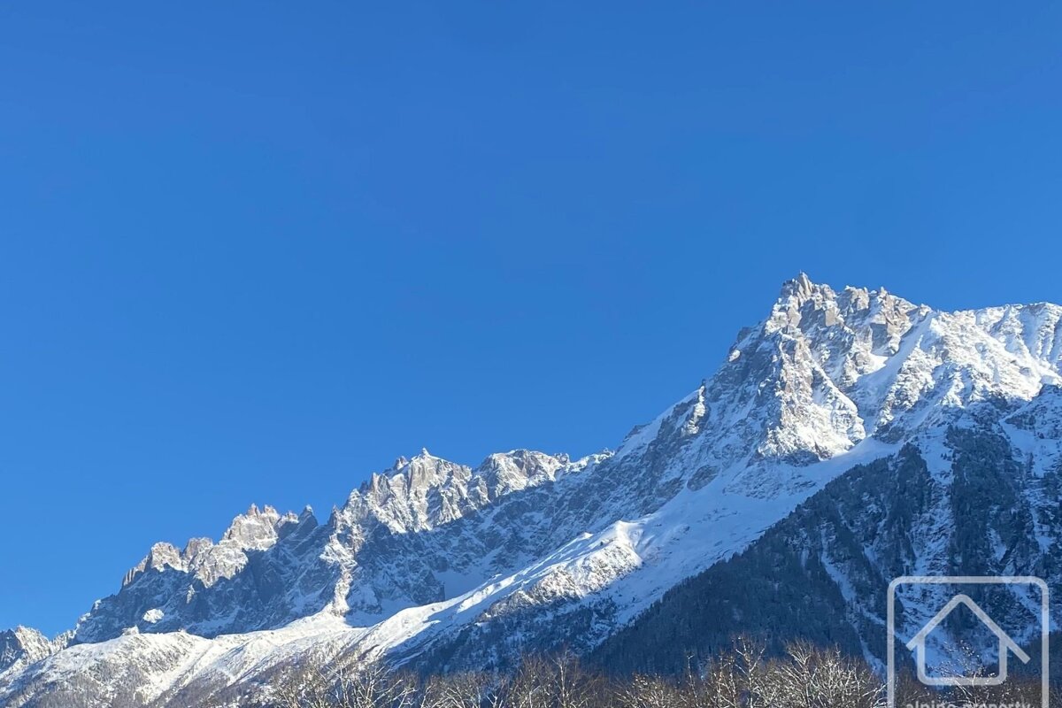 Majestic snow-capped mountains pierce a brilliant blue sky. The rugged peaks contrast with the clear expanse, and frosted trees line the base.