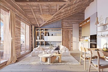 Bright, modern cabin interior featuring rustic wooden walls and ceiling, a white sectional sofa, and a dining area under a vaulted roof.