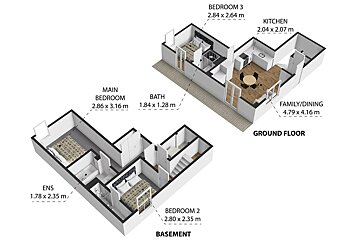 3D isometric floor plans of a two-level home, showing Ground Floor (kitchen, dining, bedroom 3) and Basement (main bedroom, bedroom 2, bath, ENS).