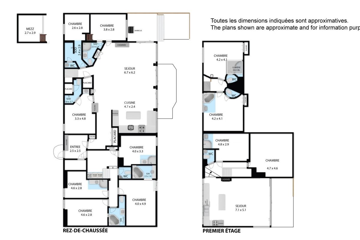 Detailed floor plans of a two-story house, displaying ground and first floor layouts with labeled rooms (bedrooms, living, kitchen, WC) and dimensions.