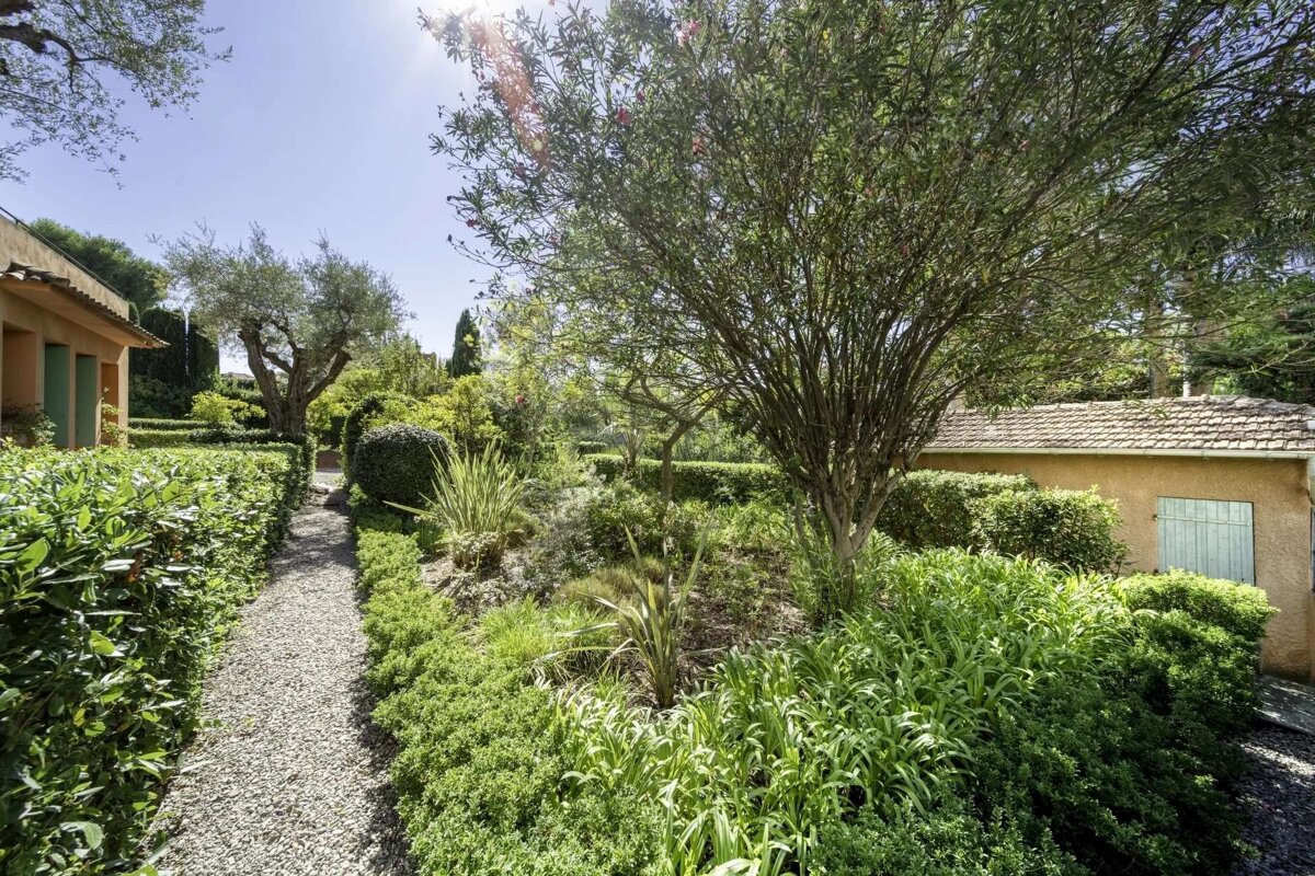 A sunny garden scene with a gravel path, dense green foliage, various trees, and charming buildings under a bright blue sky.
