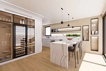 A modern kitchen features a white marble waterfall island, integrated wine cooler, light wood floors, and sleek recessed/pendant lighting in neutral tones.