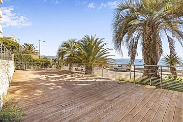 Spacious wooden deck overlooking a coastal road, palm trees, and the blue sea under a clear sky.