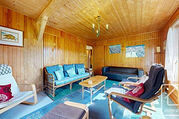 A living room with a couch and chairs and the word alpine on the bottom