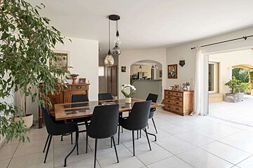 Bright dining room with a wooden table, dark chairs, large plant, and white tiled floor, open to a sunny patio and kitchen.