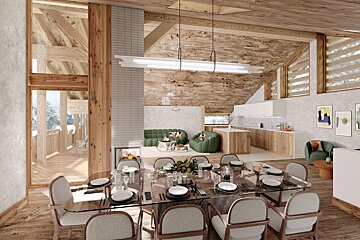 An artist 's impression of a dining room and living room