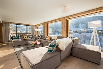 A living room filled with furniture and a view of a snowy mountain