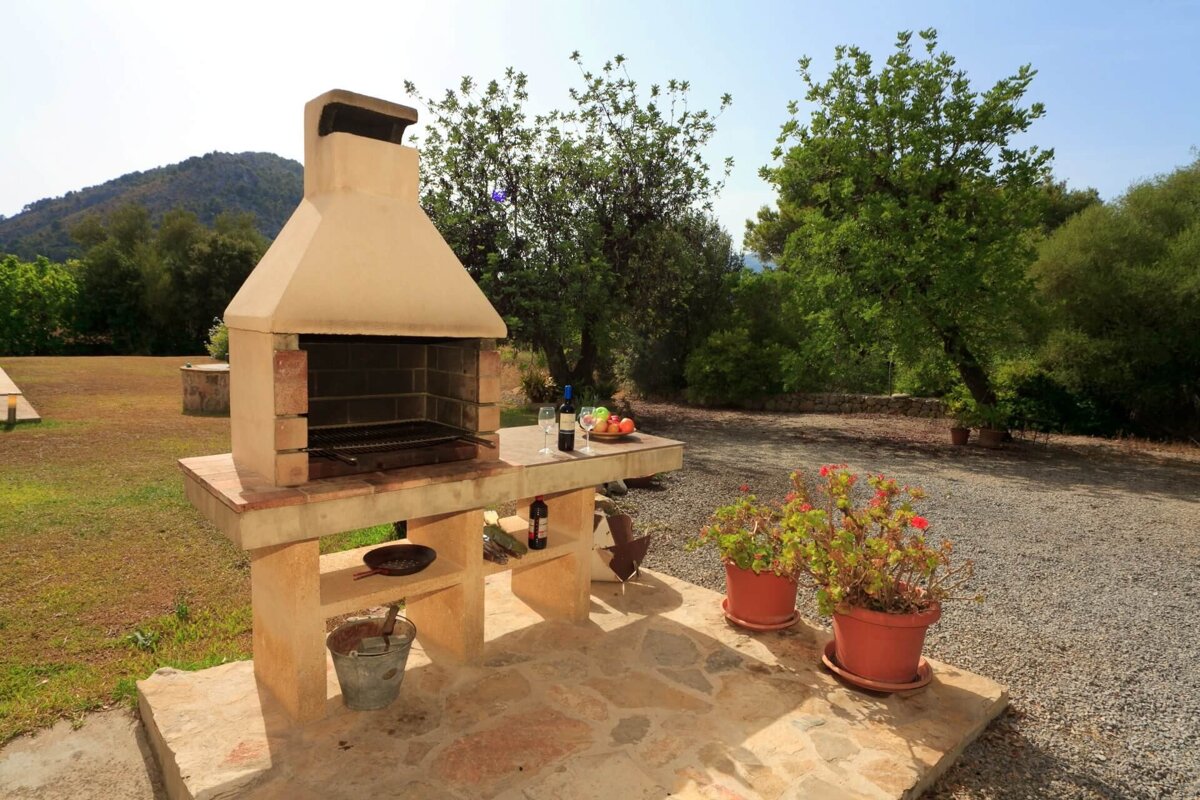 An outdoor brick BBQ grill with wine, fruit, and potted plants, set in a sunny natural landscape with trees, mountains, and a gravel path.