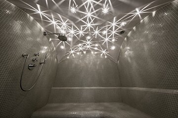 A tiled steam room/shower with a curved ceiling illuminated by star-like lights, featuring a shower head and built-in seating.