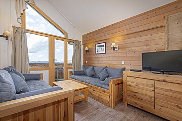 A cozy, wood-paneled living room features two gray sofas, a TV, and a large window with an expansive mountain view, typical of a ski chalet.