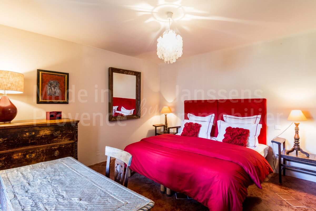 A bedroom with a red bed and the words made in janssens on the wall
