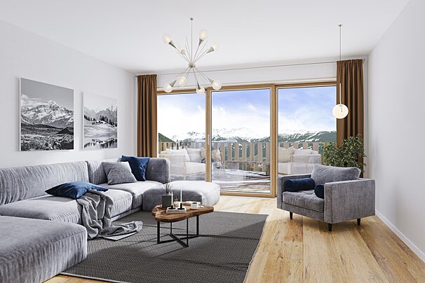 Modern living room with a grey sectional, wooden floors, and large glass doors showing a beautiful snowy mountain view.
