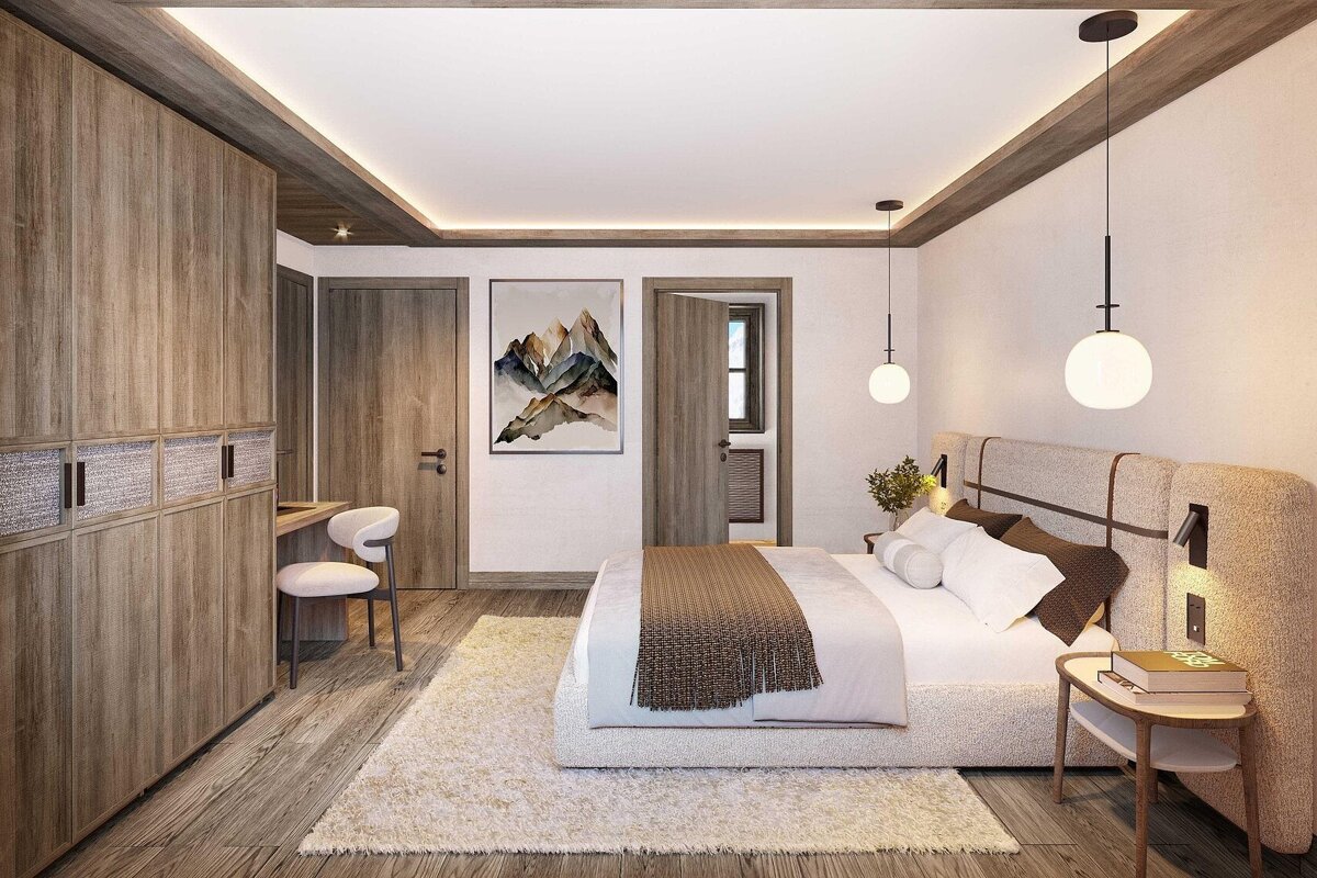 A stylish modern bedroom featuring a large bed, light wooden furniture, a fluffy rug, and mountain art. Accent lighting adds warmth.